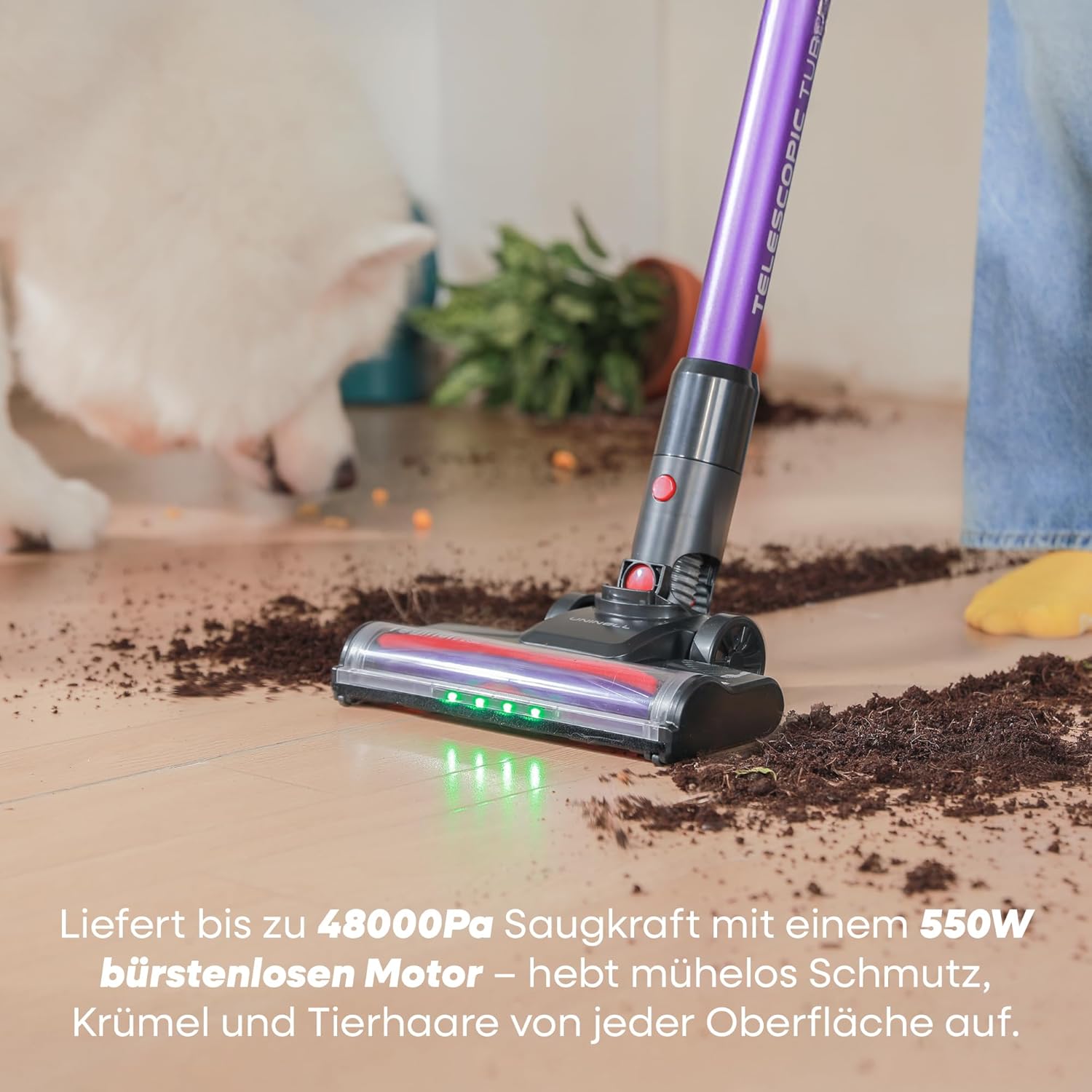 UNINELL HOME Akku Staubsauger 48000Pa/550W/65Min, Staubsauger Kabellos Selbstladender mit LED-Display, Akkustaubsauger Anti-Verhedderung-Bürste Super Leise für Teppich,Hartboden und Tierhaare