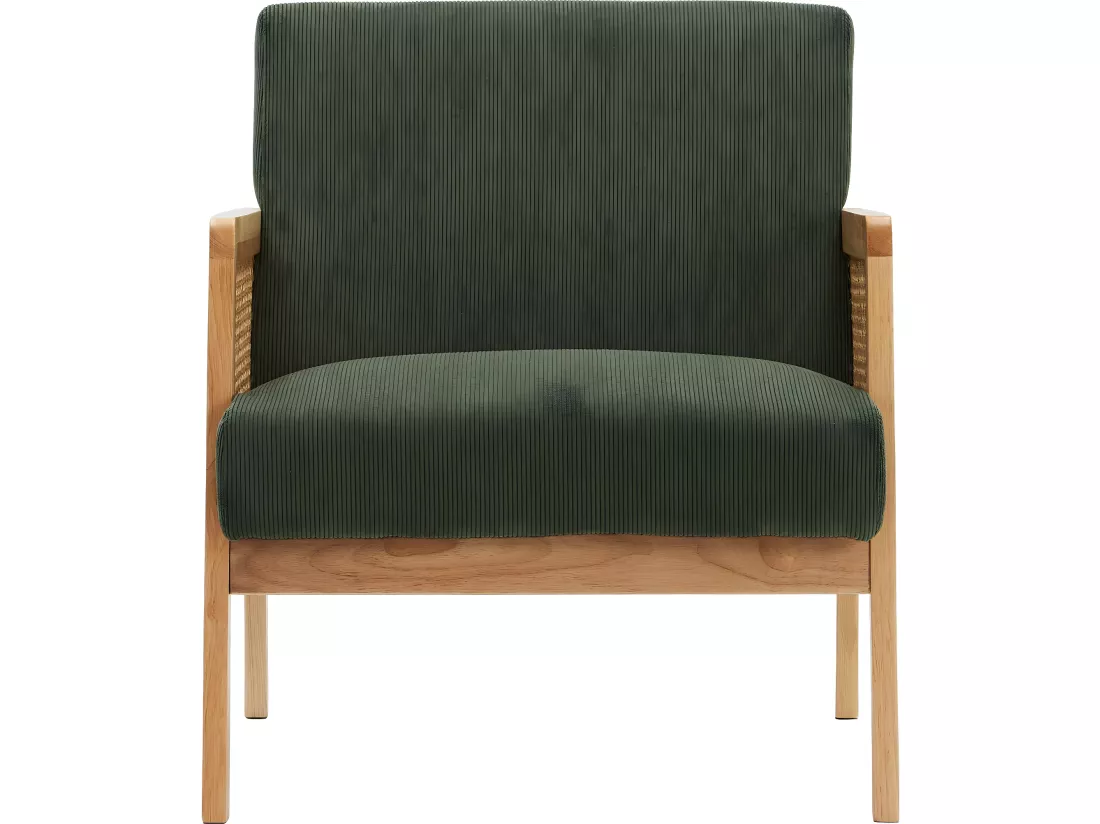 Fauteuil en cannage et velours côtelé vert kaki - Mani