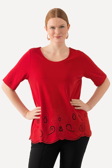 T-Shirt, Stickerei, Wellensaum, Rundhals, Halbarm