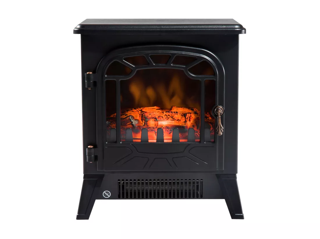 Cheminée électrique radiateur imitation flamme avec luminosité et réglable 900 W / 1800 W porte métal verre trempé noir