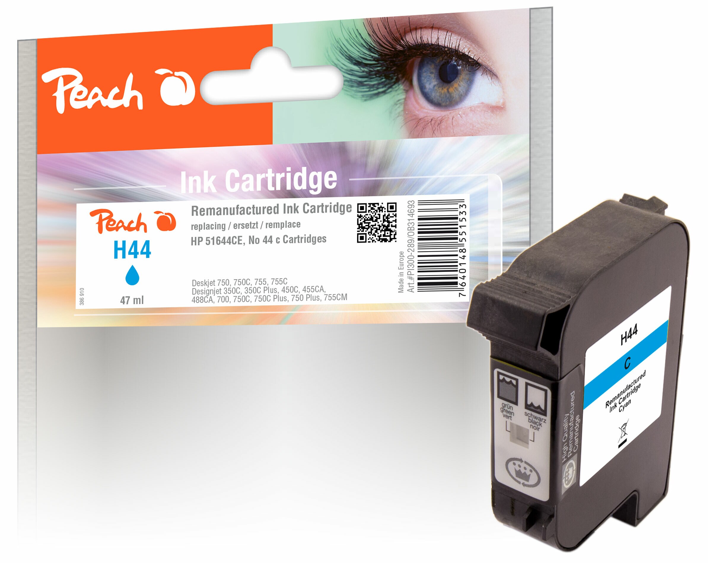Peach HP 44 c Druckkopf cy ersetzt HP No. 44 c, 51644CE für z.B. HP DesignJet 350 C, HP DesignJet 350 C Plus, HP DesignJet 450 C, HP DesignJet 480 (wiederaufbereitet)