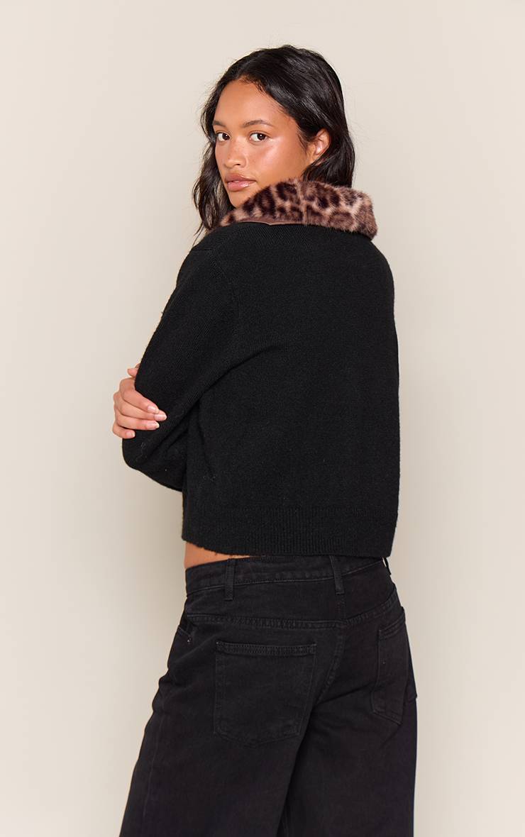 Noir Gilet Boutonné À Col En Synthétique Imprimé Léopard