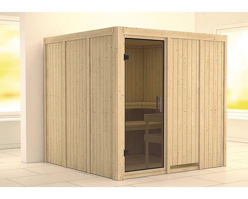 Karibu Rodina modulaire sauna zonder oven en dakrand, met grafietkleurige volledig glazen deur