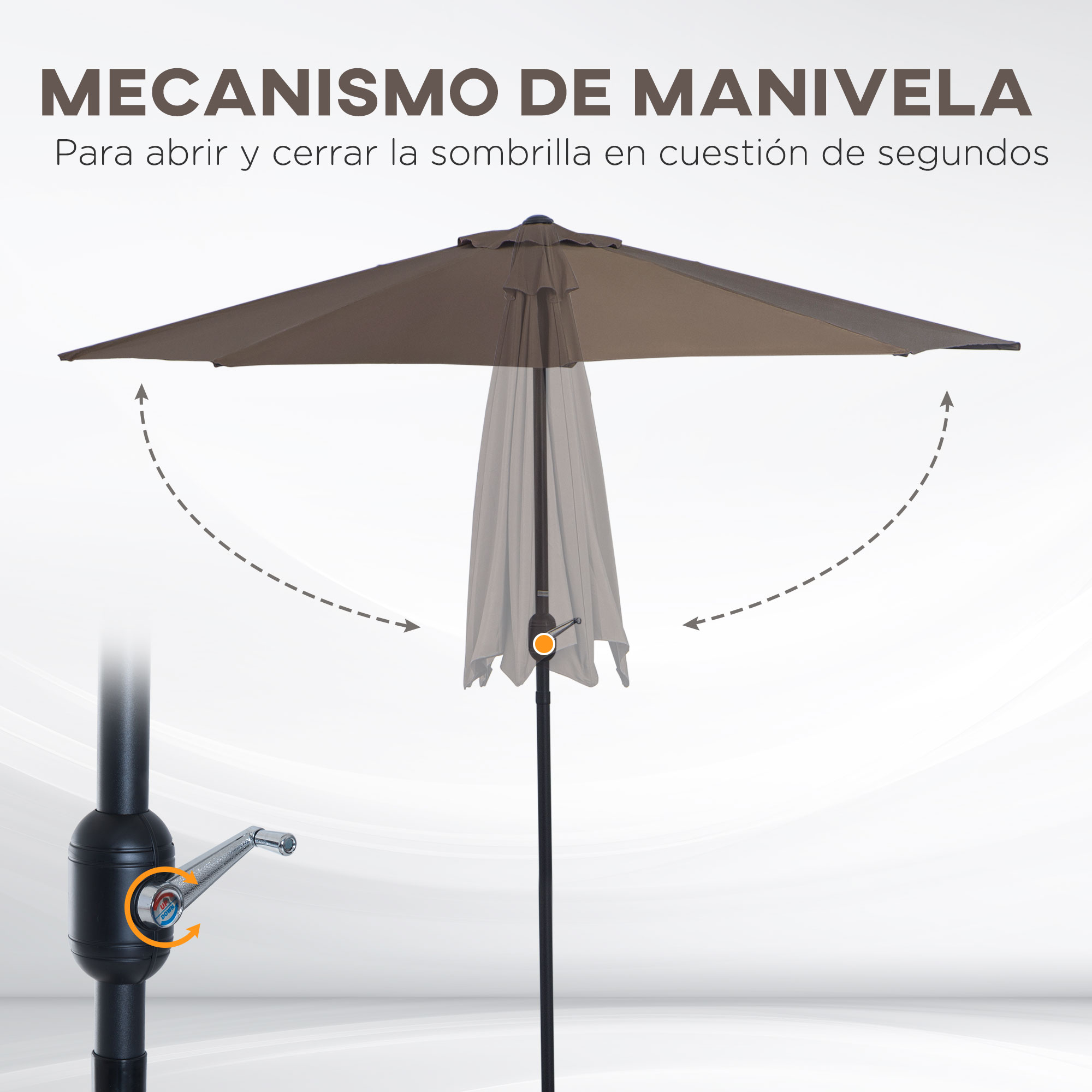 Guarda-sol de jardim Outsunny 269x138x236 cm com manivela e formato semicircular para terraço, pátio, piscina e café ao ar livre.