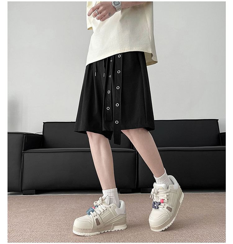 Whyessa - Mid Rise Plain Grommet Shorts