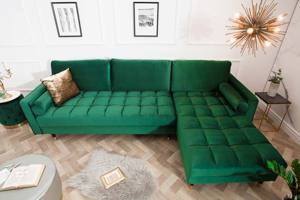 Elegantes Ecksofa COZY VELVET 260cm smaragdgrün Samt Federkern 3-Sitzer