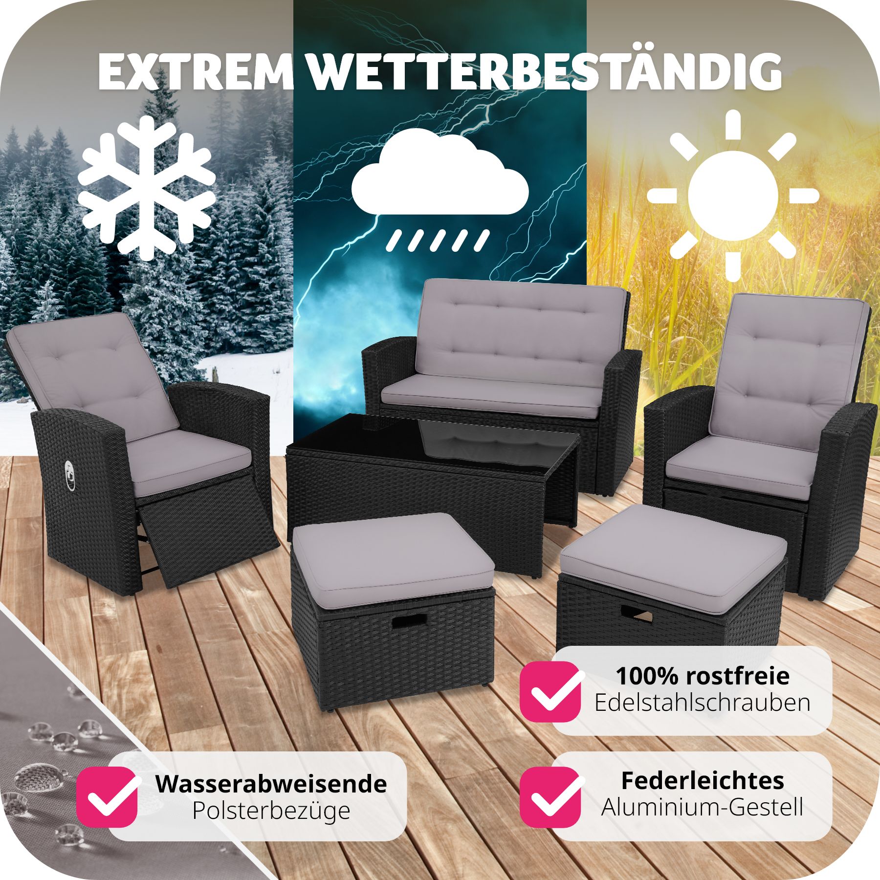 tectake® Rattan Lounge, mit Aluminiumgestell, wetterfest und UV-beständig, mit Sicherheitsglasplatte und Schraubfüßen