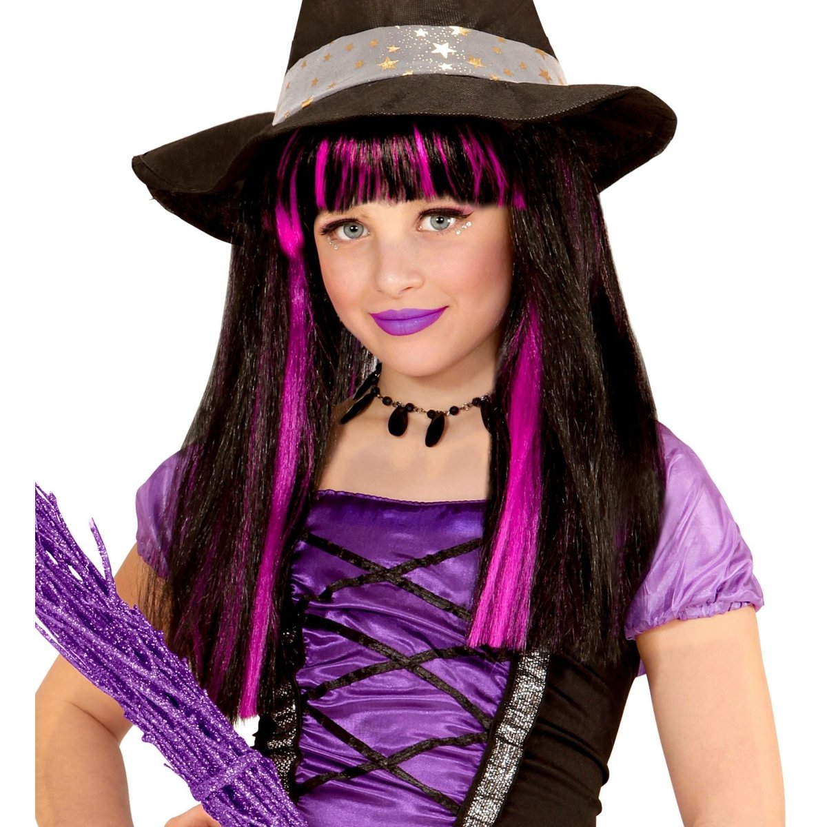 Halloween Pruik Zwart Paars Heks