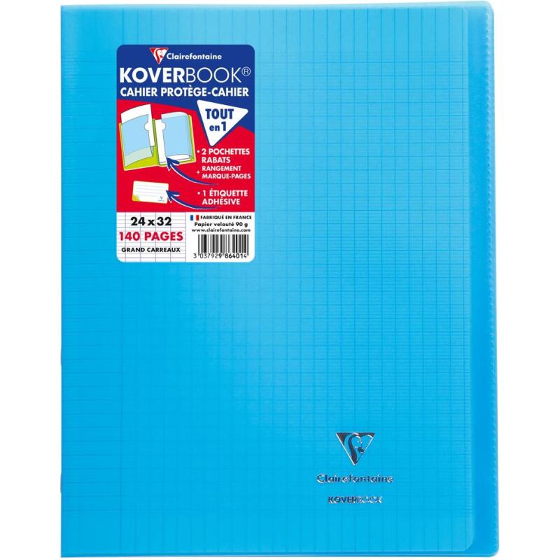 Cahier piqué Koverbook 24x32cm 140 pages grands carreaux couverture polypropylène transparent - Assortis