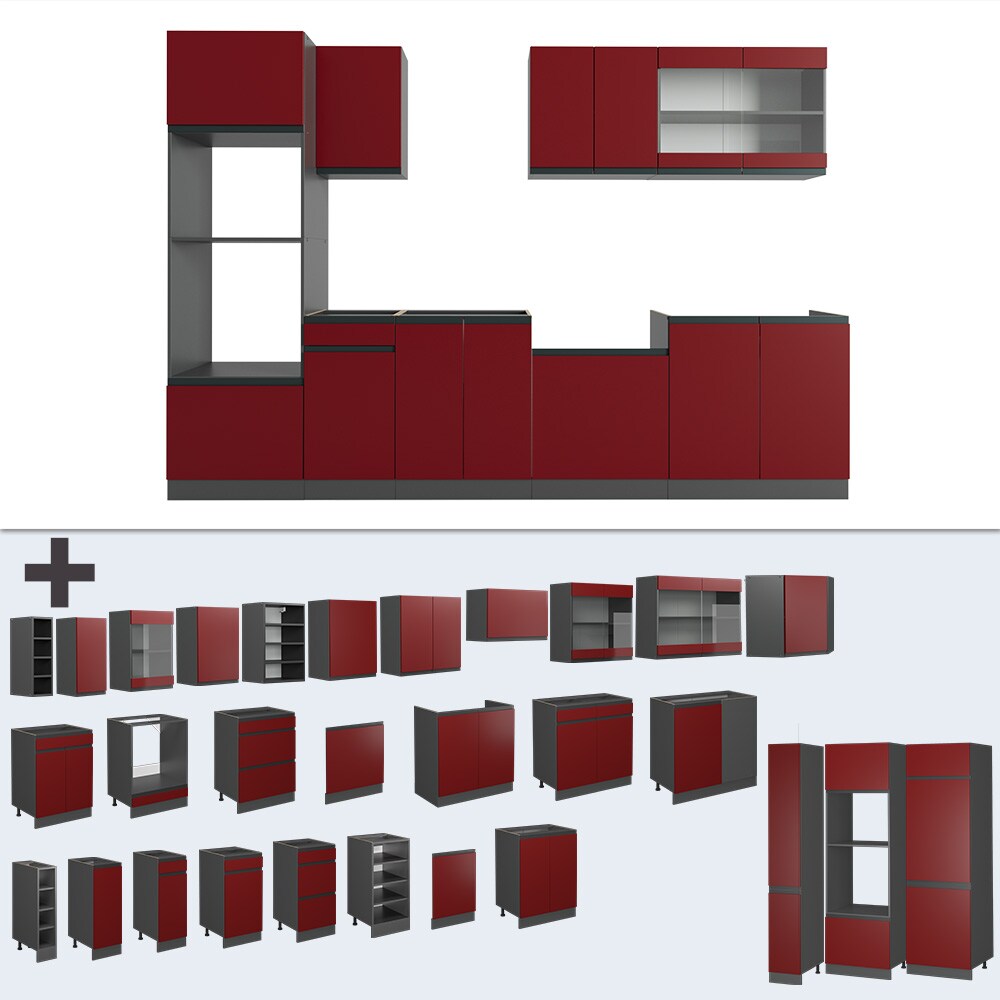 Vicco Küchenzeile Küchenblock Einbauküche R-Line J-Shape Anthrazit Rot 300 cm modern Küchenschränke Küchenmöbel