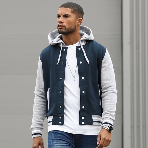 Veste Teddy A Capuche 4003 Bleu Marine Gris Chiné