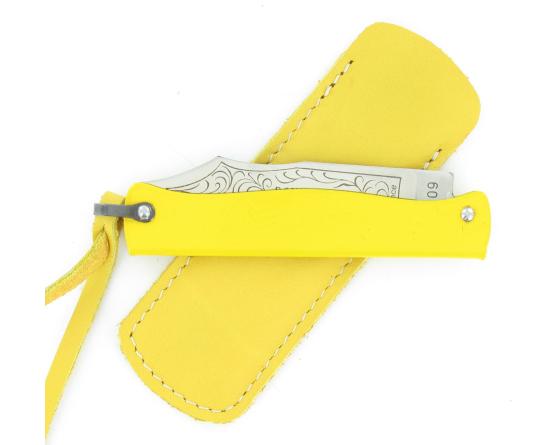 Douk Douk 160 Inox - Manche Acier couleur JAUNE - GAINE CUIR Couteau de poche Le Thiers par Cognet Douk Douk