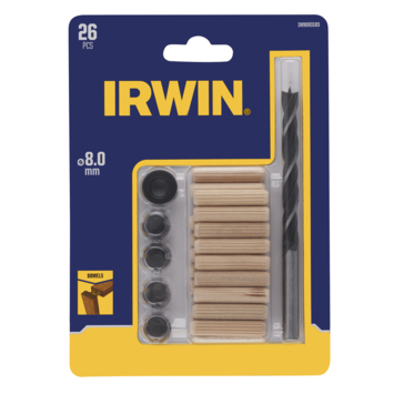 Irwin deuvelset Ø8 mm bestaande uit 20 houten deuvels, 1 houtspiraalboor met dieptestop en centreerpunten.