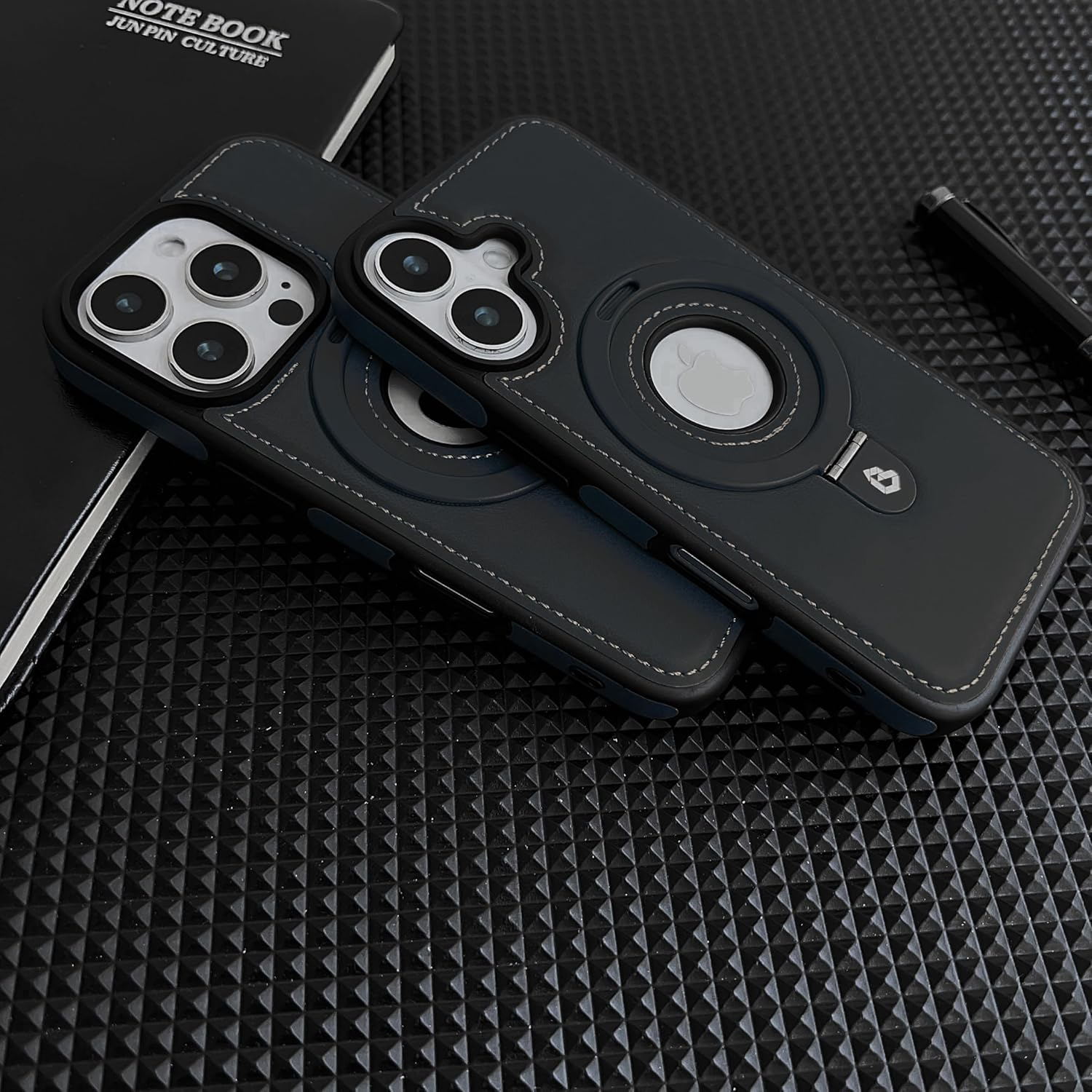 iPhone 16 MagSafe Leder Hardcase Hülle   Kickstand Aufsteller - Schwarz