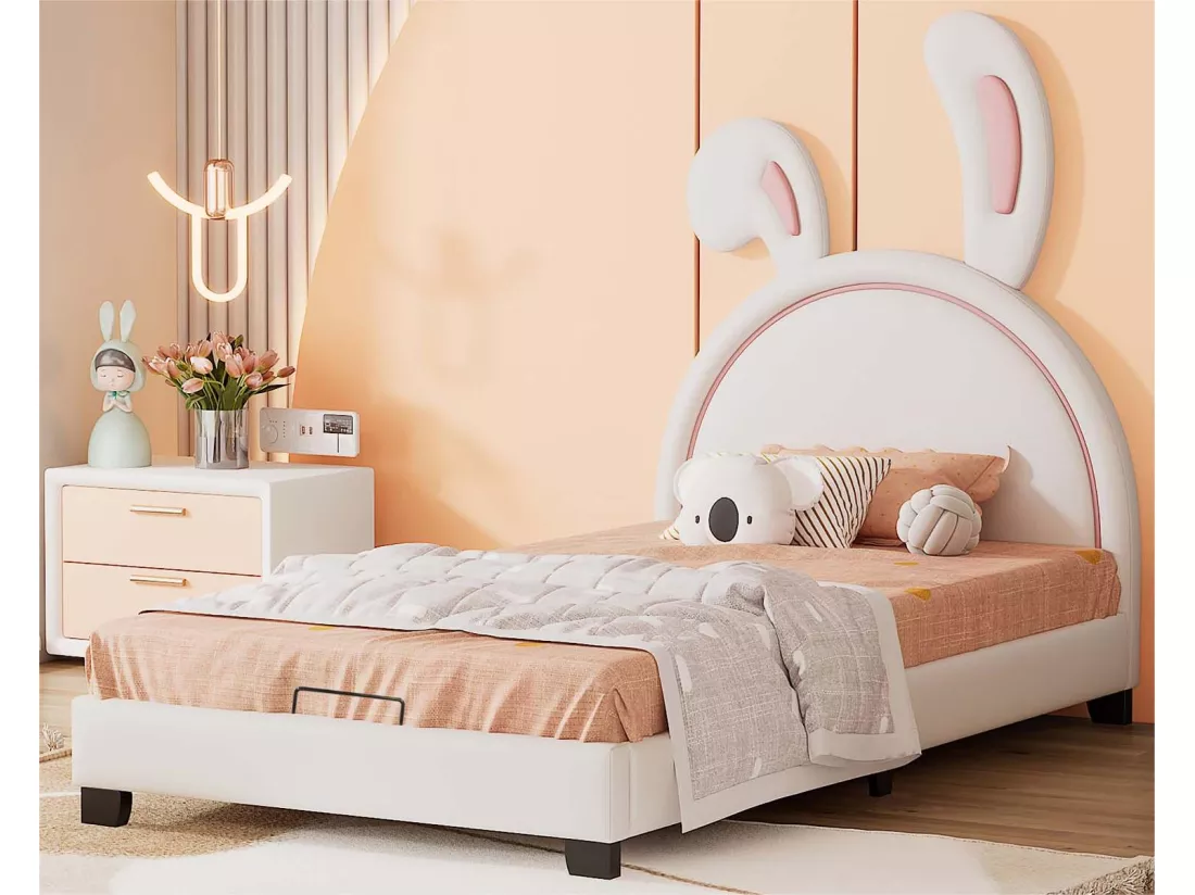 Lit enfant en similicuir 90x200cm - tête en forme d'oreilles de lapin - Blanc