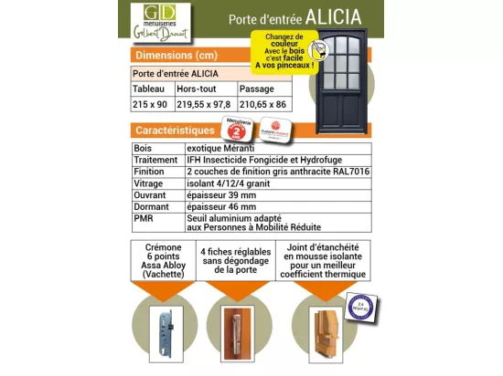 Porte D'Entrée Bois Vitrée, Alicia, Gris Ral7016, H,215Xl,90 P,Gauche Cote Tableau + Poignée Et Barillet ( Ref 010723No)