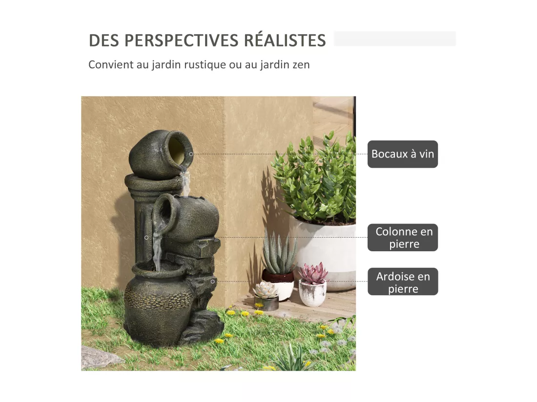 Fontaine de jardin d'ornement zen 3 jarres débit réglable pompe à eau submersible incluse résine gris