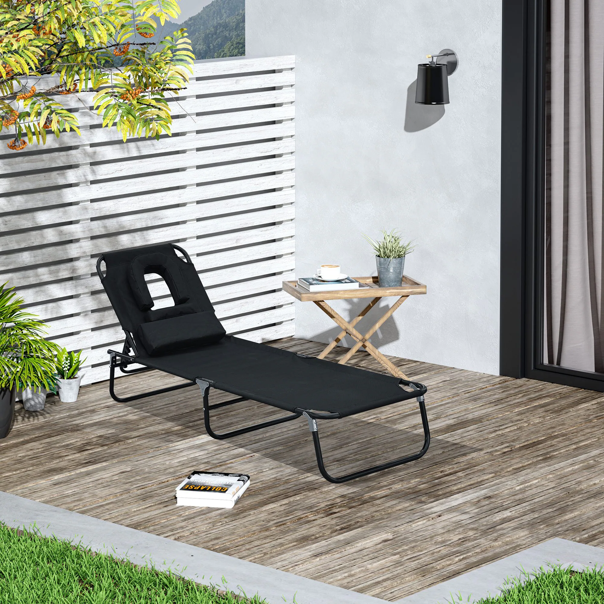 Outsunny Gartenliege mit Gesichtsöffnung schwarz 190 x 56 x 28 cm (LxBxH)