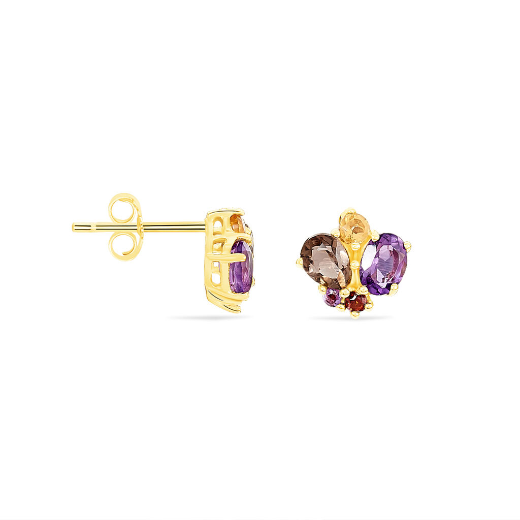Boucles D'oreilles Pendantes Or Jaune Amethyste Et Quartz Et Citrine