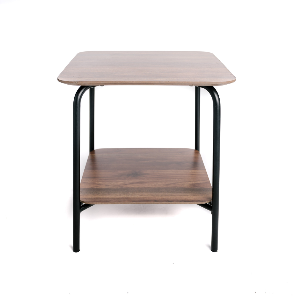 Table d'appoint bois, table de chevet bois foncé et métal 2 plateaux rangement vintage 45x45x51cm- meuble de salon- bout de canapé