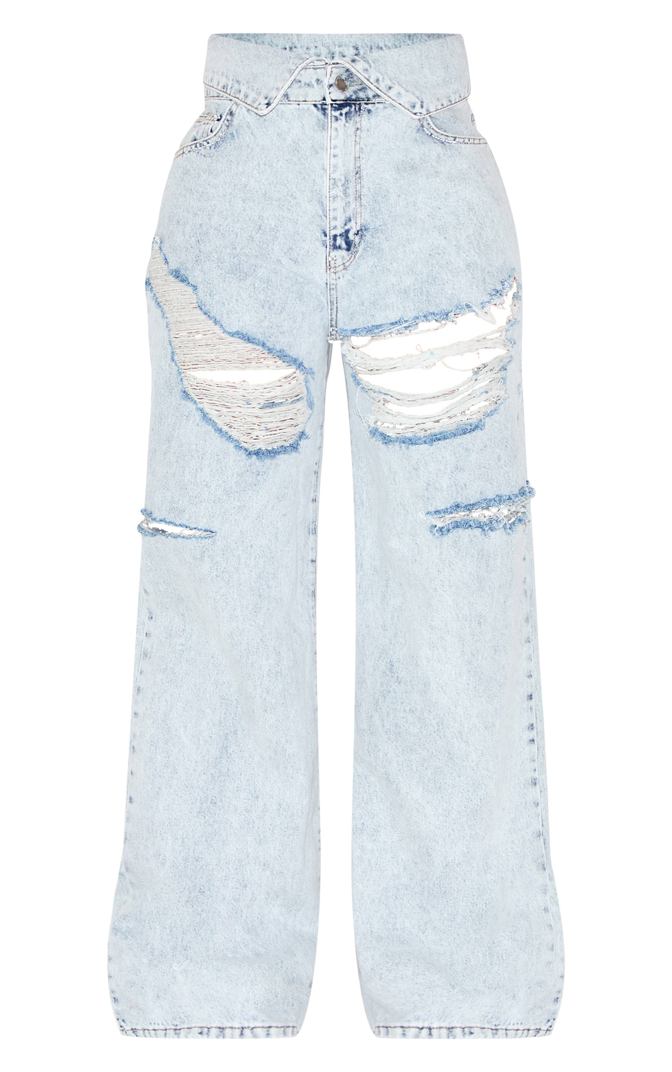 Light Blue Acid Wash Jean Large Taille Repliable Délavage Acide Déchiré Denim Shape