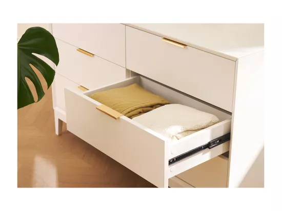 Commode blanche mat et métal doré 6 tiroirs L120 cm GIANA