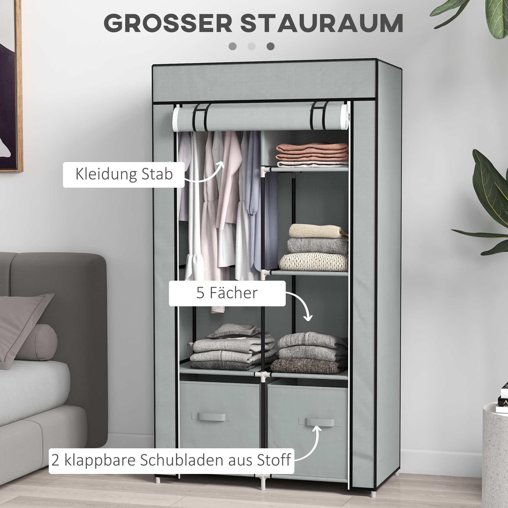 HOMCOM Stoffkleiderschrank mit Reißverschlusstüren grau 83L x 42,5B x 162,5Hcm