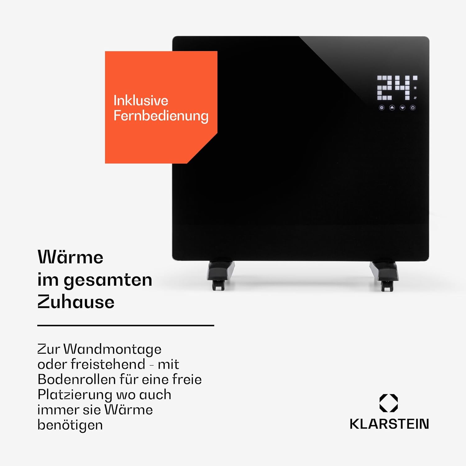 Klarstein Elektroheizung, Konvektor-Heizung mit Bodenrollen, Mobile Elektroheizung Energiesparend, Schlanke, Leise Heizung Elektrisch, Standgerät Heizkörper Elektrisch mit Thermostat, 1000 W