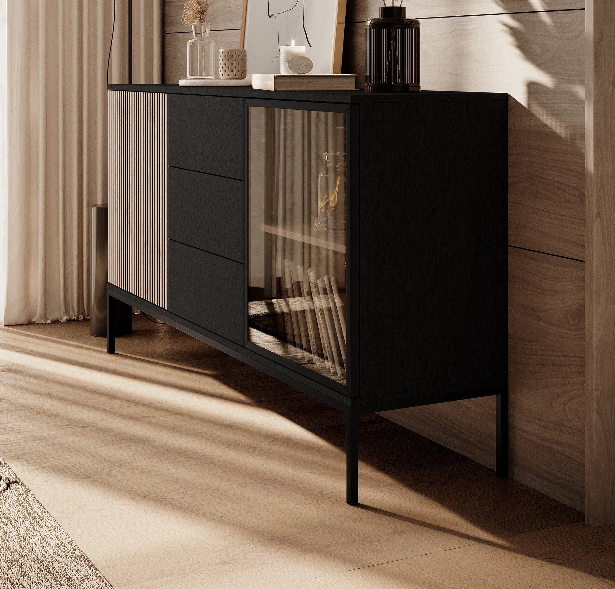 Meubella - Dressoir Legend - Mat zwart - Eiken - 154 cm met lades