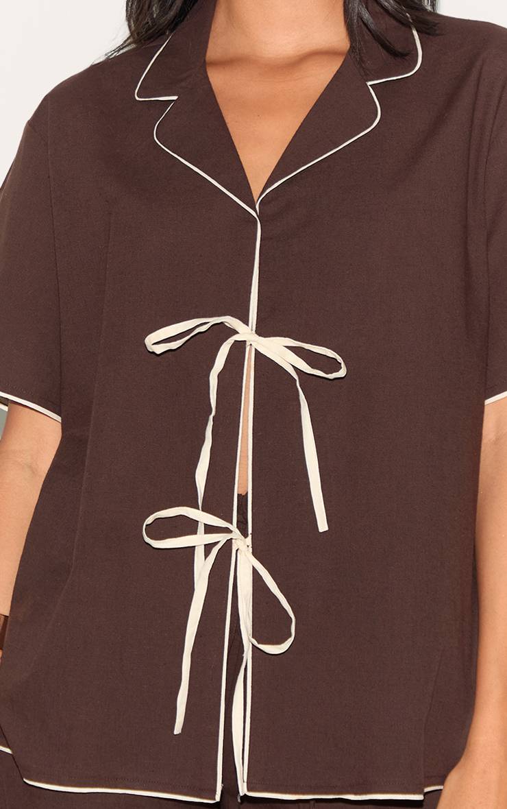 Marron Foncé Chemise Oversize Aspect Lin Avec Nœud Et Détails Contrastés