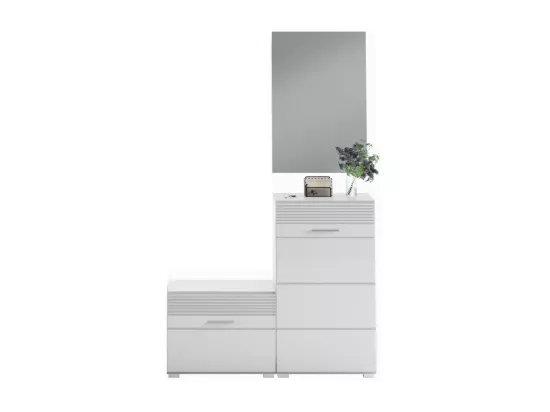 Ensemble de meuble d'entrée : Miroir + meuble à chaussures + meuble de rangement – Blanc laqué – KLEANKIN