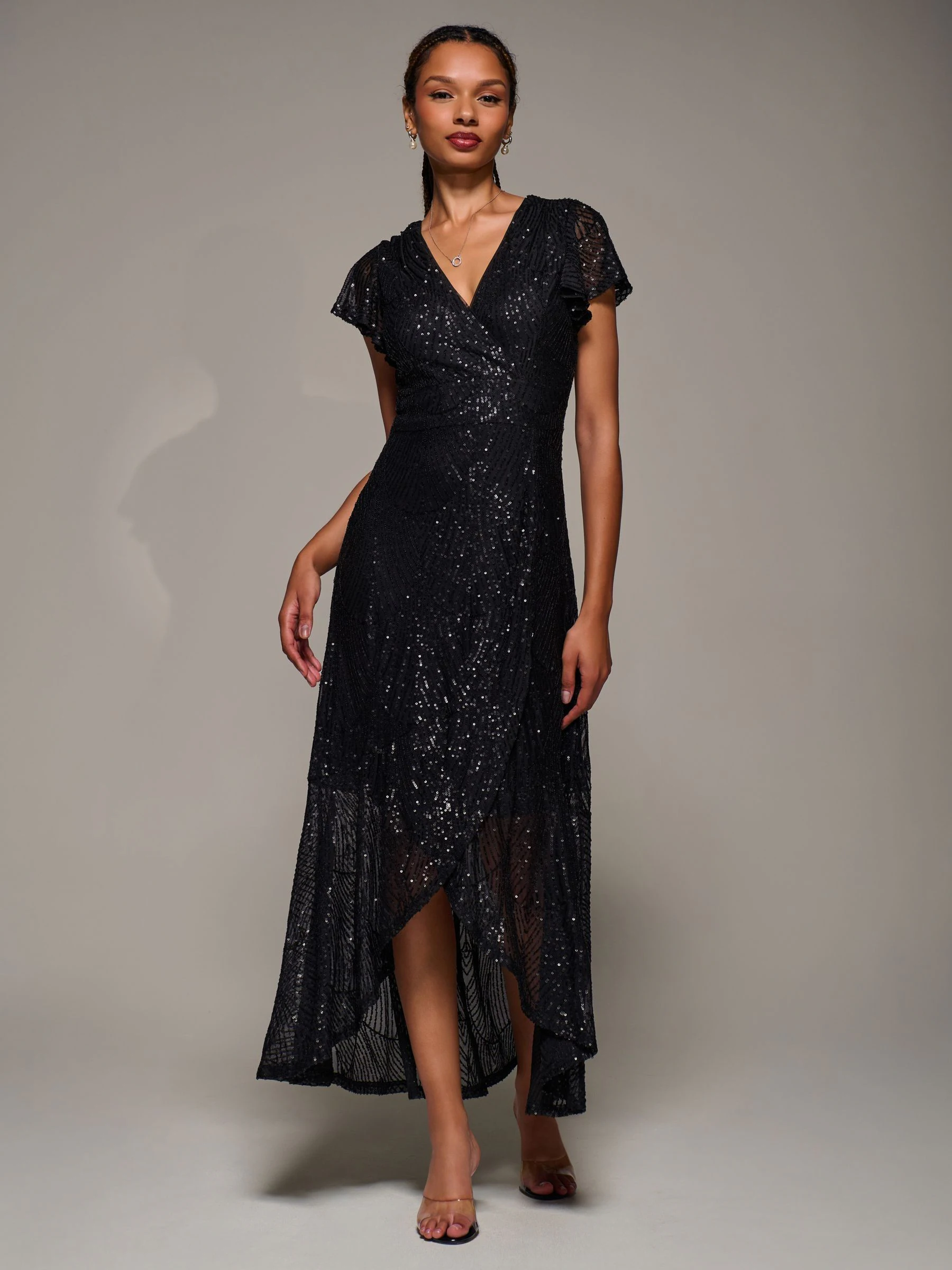Jolie Moi Frill Short Sleeve Sequin Maxi Dress