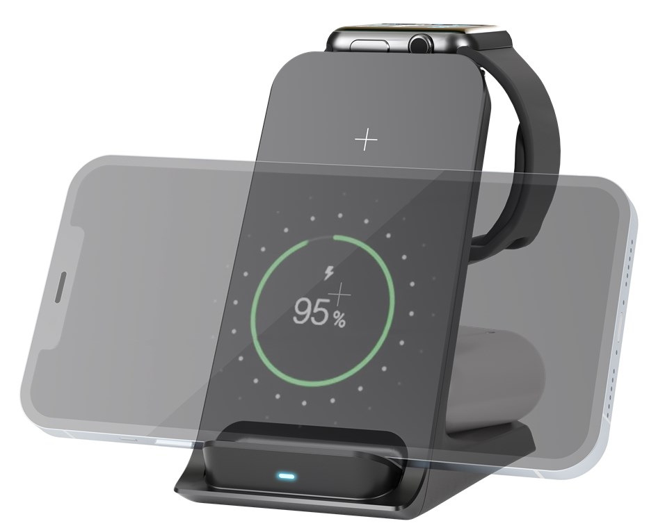 (15W) 3in1 Ladegerät Qi Wireless Charger für Apple iPhone / Apple Airpods / Apple Watch Ladestation (60217) - Schwarz