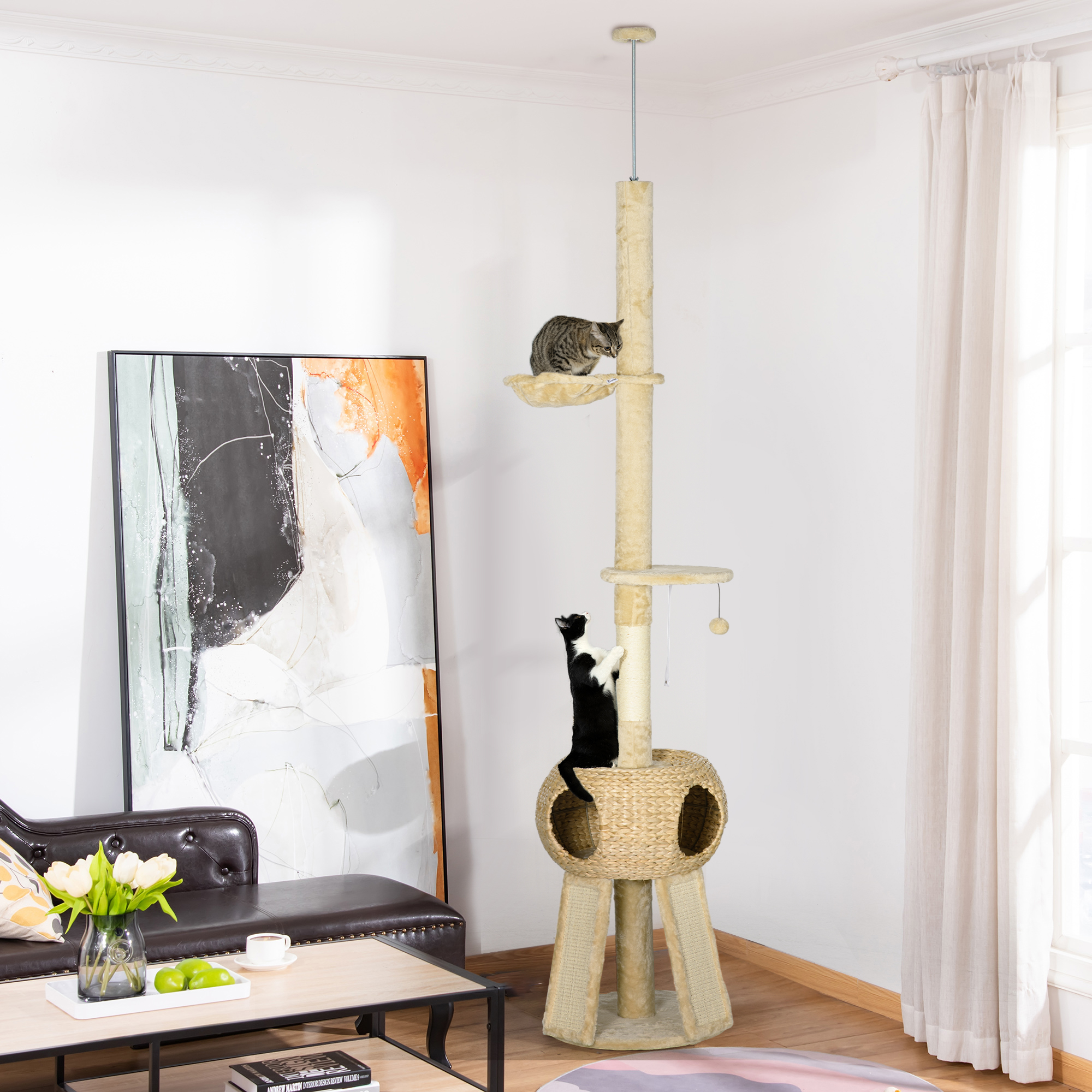 Árvore para gatos PawHut do chão ao teto, 225-255 cm, torre ajustável em altura com caverna, plataformas, rede, postes para arranhar, rampas e bolas penduradas, Ø48x225-255 cm, bege