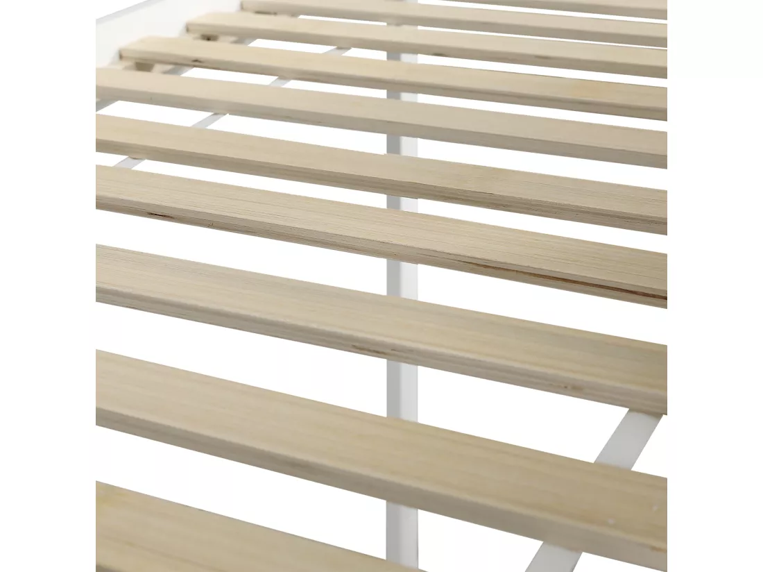 Lit mezzanine 90x200cm - avec fenêtre - avec toboggan - escalier avec rampe - bois massif + MDF - blanc + marron
