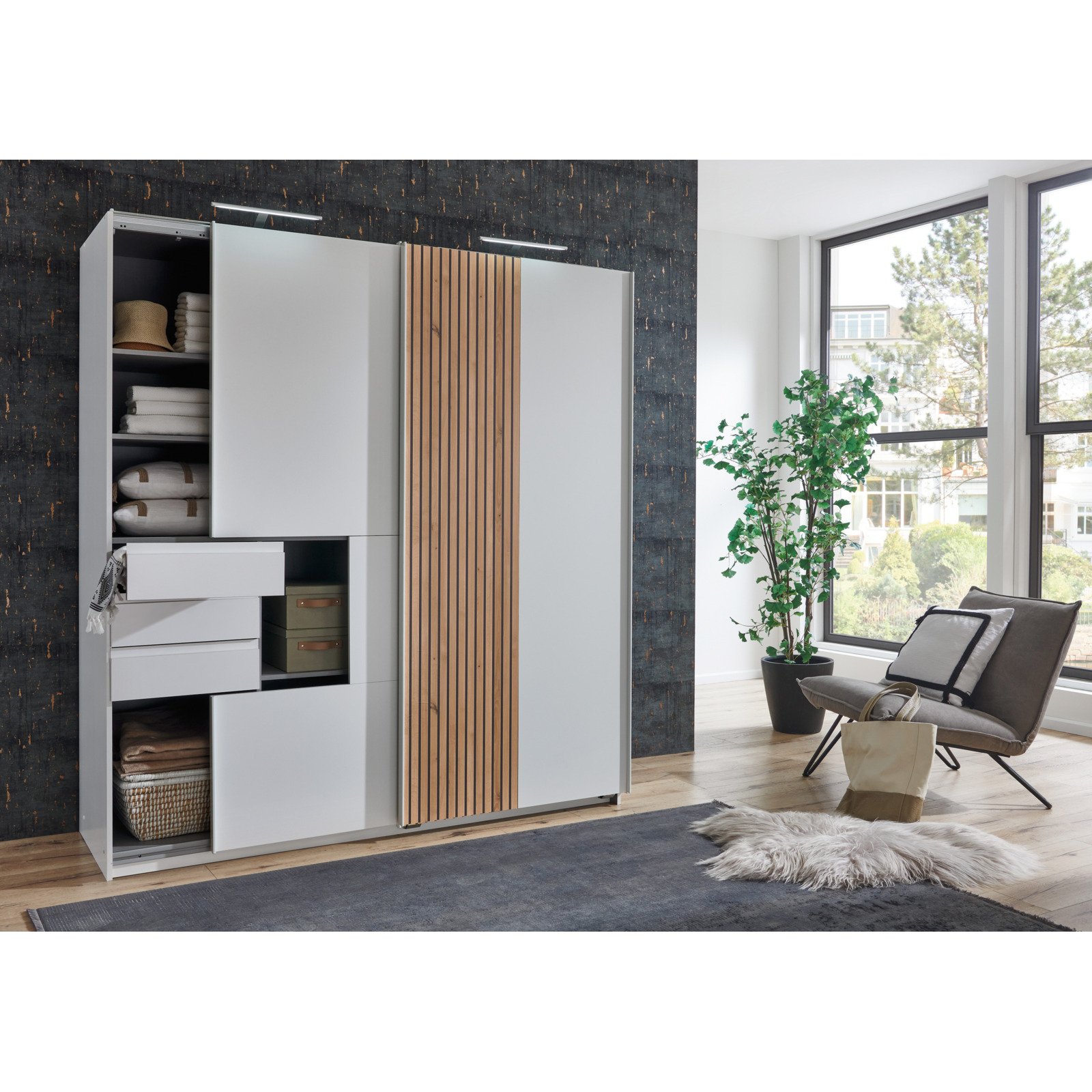 Schwebetürenschrank Coburg Artisan weiss 180 x 198 x 65 cm