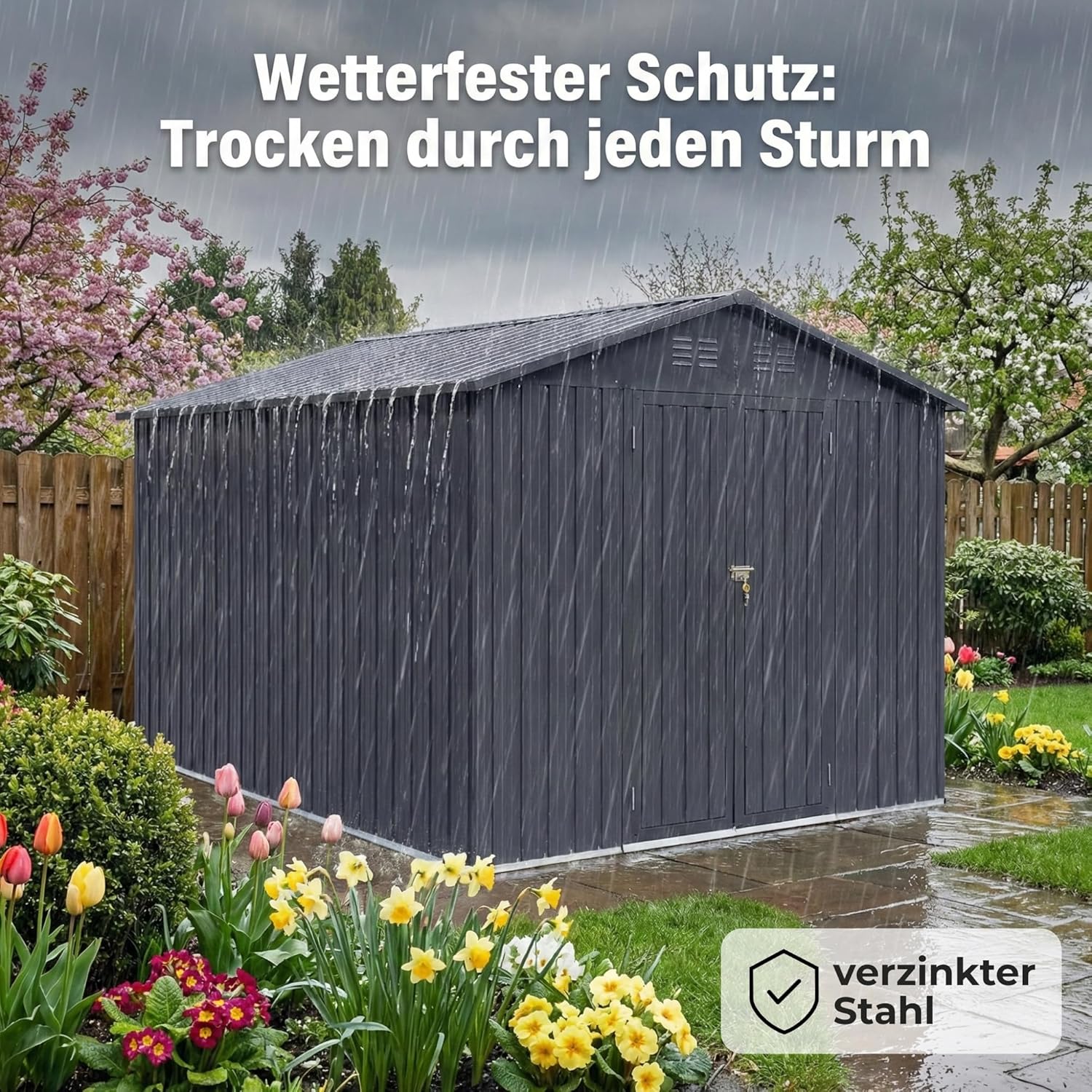 Albatros Gerätehaus 2XL | Anthrazit RAL 7016 | 259x313x192cm (15,5 m³) | abschließbar inkl. Schloss & Werkzeughaken | Gartenhaus aus verzinktem wetterfestem Metall | Geräteschuppen Gartenschrank