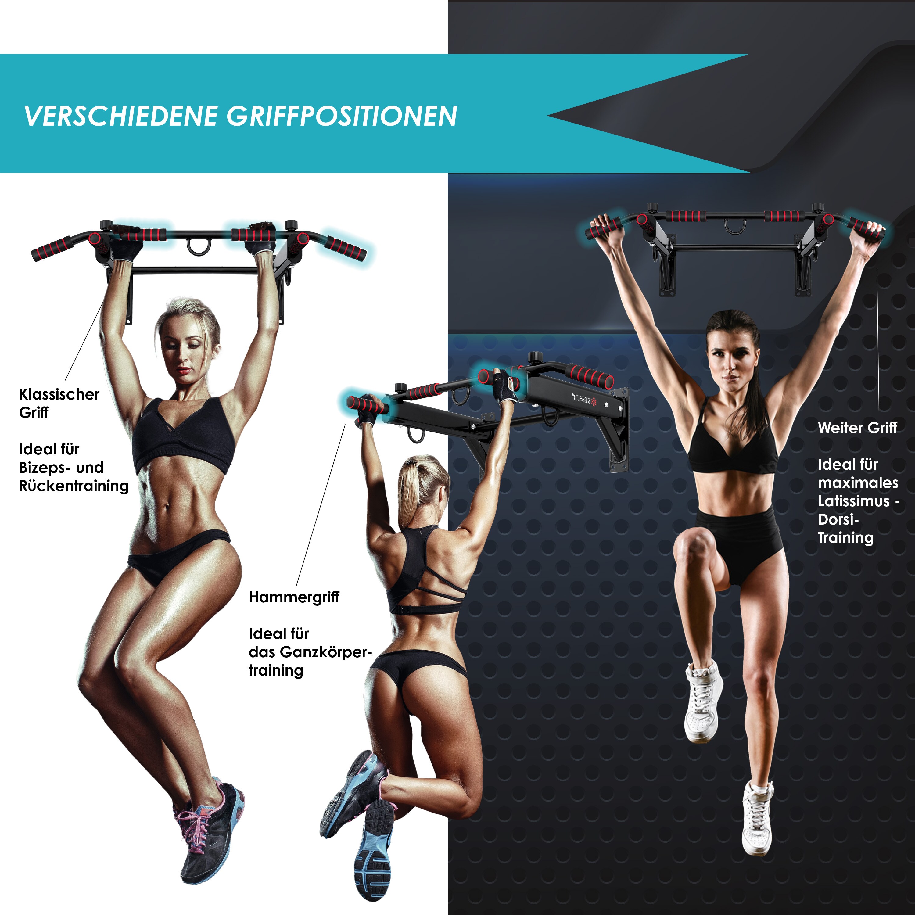 KESSER® 4in1 Klimmzugstange zur Wandmontage rutschfesten Griffen zusätzliche Funktion für Seile Ringe und Boxsäcke mit verschiedenen Griffpositionen | sicher & stabil | Pull Up Bar für zuhause