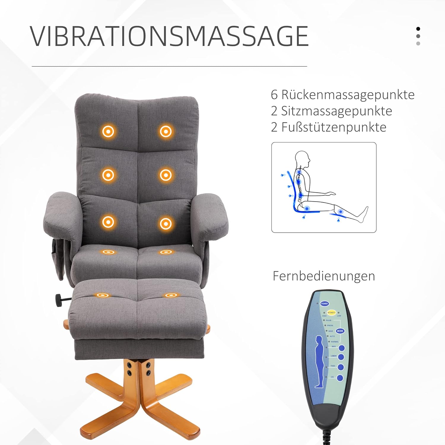 HOMCOM Relaxsessel mit Hocker, 360°drehbarer Fernsehsessel mit Massage, Liegefunktion, Massagesessel mit Seitentasche, TV-Sessel, Polyester für Wohnzimmer Dunkelgrau