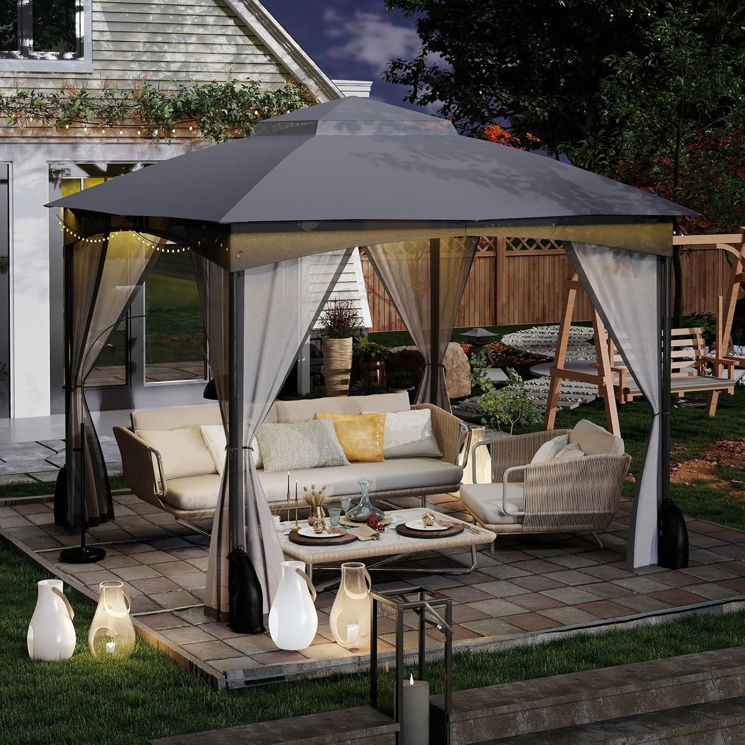 COSTWAY Pavillon 3 x 3 m, Gartenpavillon mit 4 Sandsäcken & 4 Moskitonetz & Doppeldach, Wasserdicht & Stabil & Winterfest, Gartenzelt inkl. Haken, Partyzelt für Terrasse Garten (Grau)