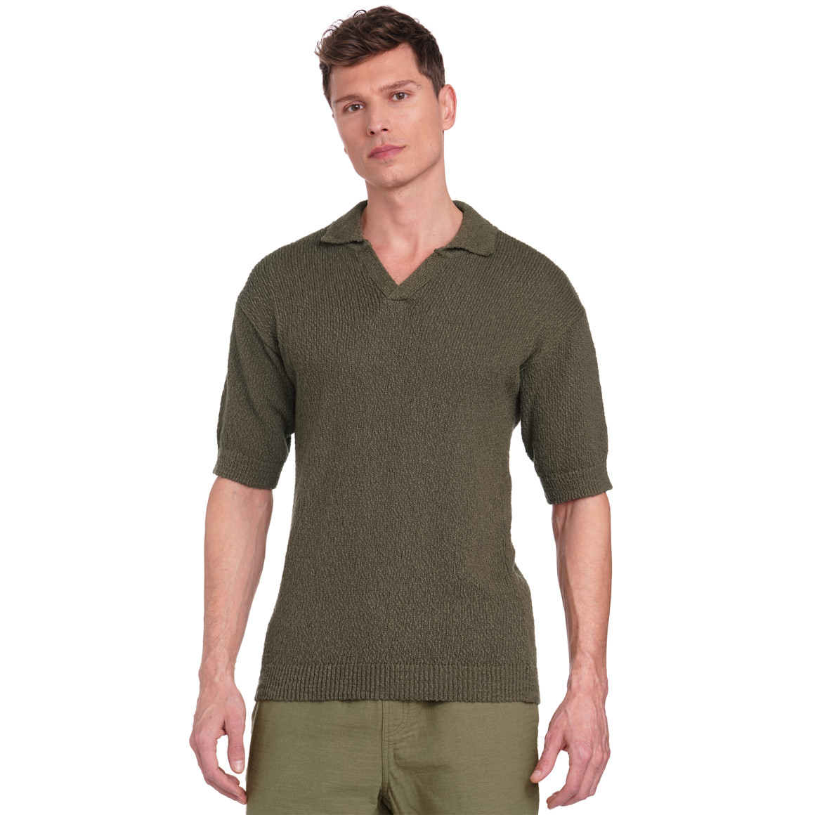 Jonas Nielsen Herren Strick-Poloshirt in Unifarben oliv