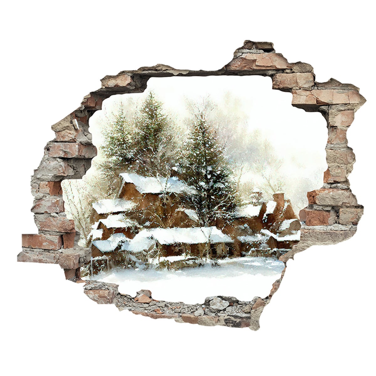 3D muurdoorvoer zelfklevende sticker Besneeuwde huizen WS16026_60x50 cm