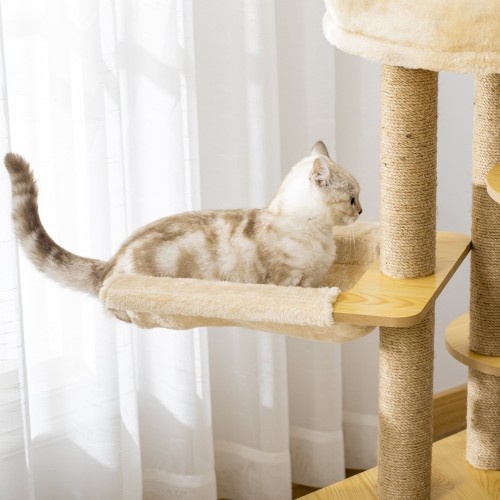 Arranhador triangular bege para gatos PawHut com toca