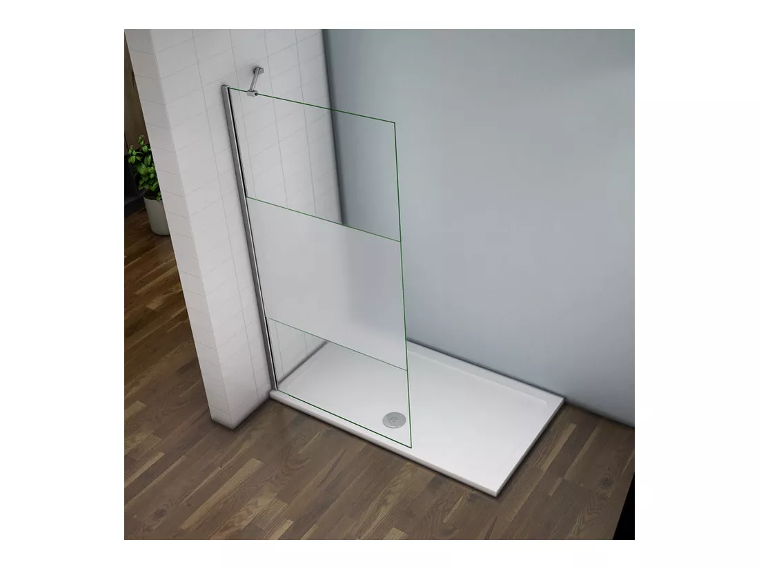 Paroi de douche à l'italienne 90x200cm avec barre de fixation d'angle 45cm, en 8mm verre bande centrale dépolie