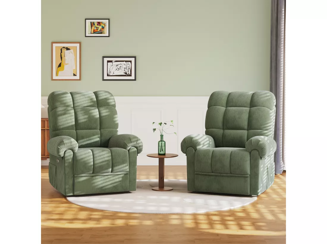 Fauteuil Relax Fauteuil électrique en Velours Côtelé,Fauteuil à loisirs Réglable avec USB,Dossier Réglable,Anti-statique avec Repose Pieds - 96x97x104cm Vert
