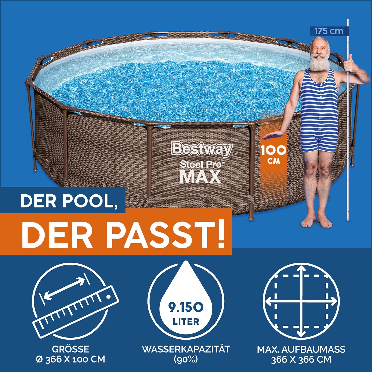Bestway Steel Pro MAX Frame Pool-Set mit Filterpumpe Ø 366 x 100 cm, Rattan-Optik (Schokobraun), rund