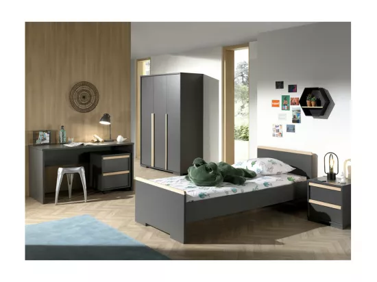 NASH DARK - Lit 90x200cm + Chevet + Armoire 3P + Bureau + Caisson