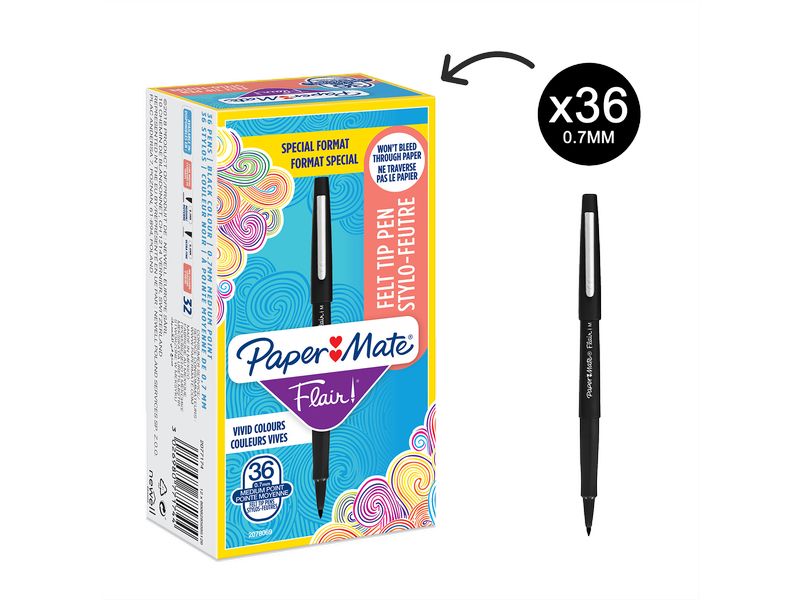 Paper Mate Fineliner Flair Original 0.7 mm, 36 Stück, Schwa Wasserbasierter Faserschreiber-Set