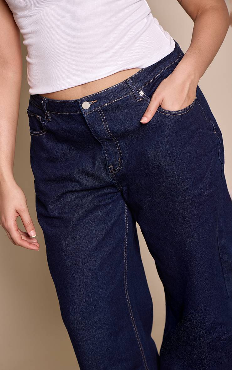 Bleu Indigo Jean Droit Taille Haute Stretch Bleu Moyen Grande Taille