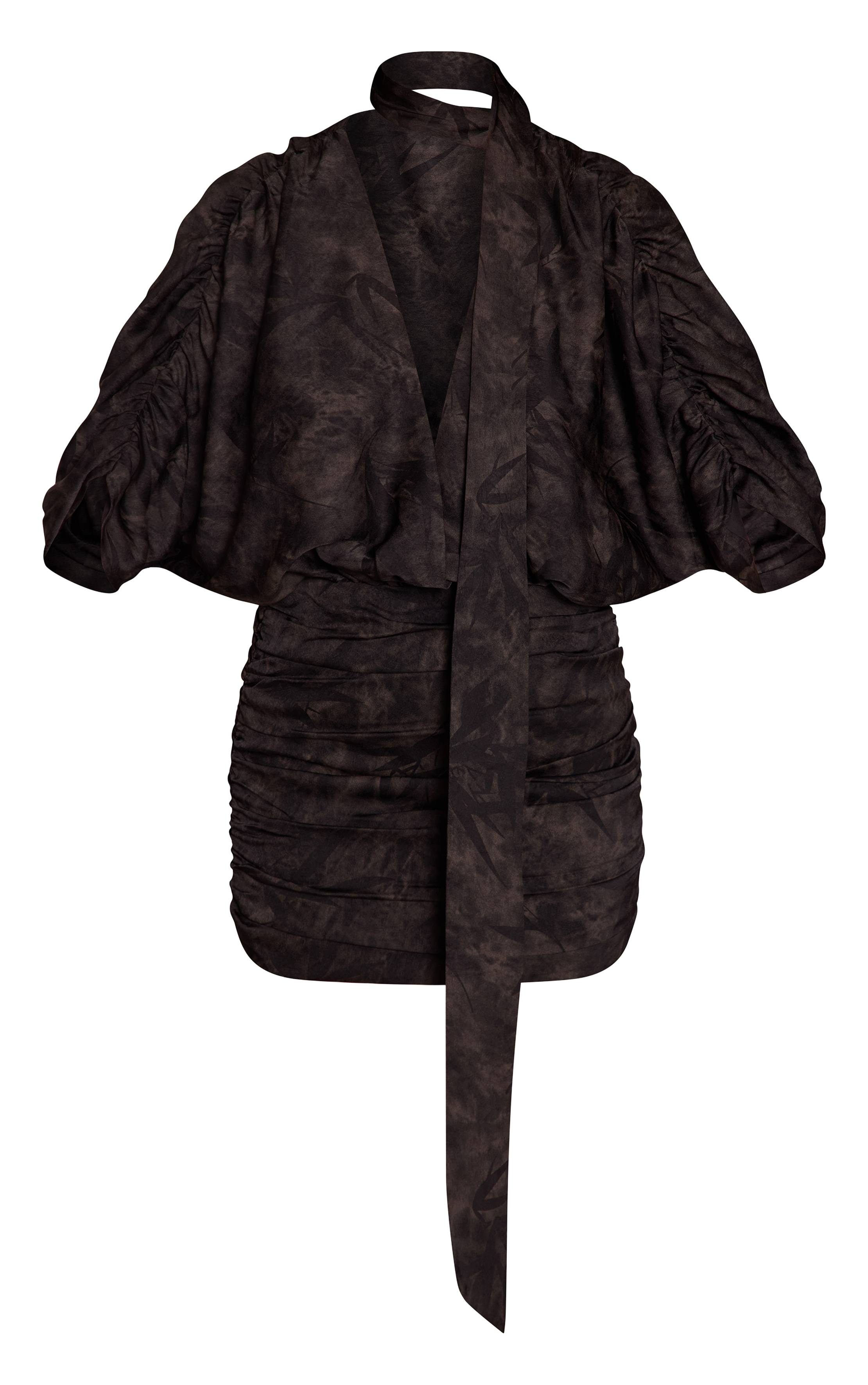 Noir Robe Mini Col V En Satin Imprimé